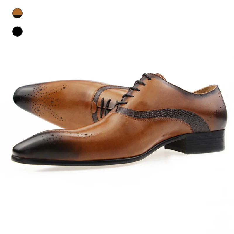 Oxford Shoes Men Wedding British Style Genuine for Lace Up Men lace up Handmade pointed toe Bullock Carving Classic gentleman