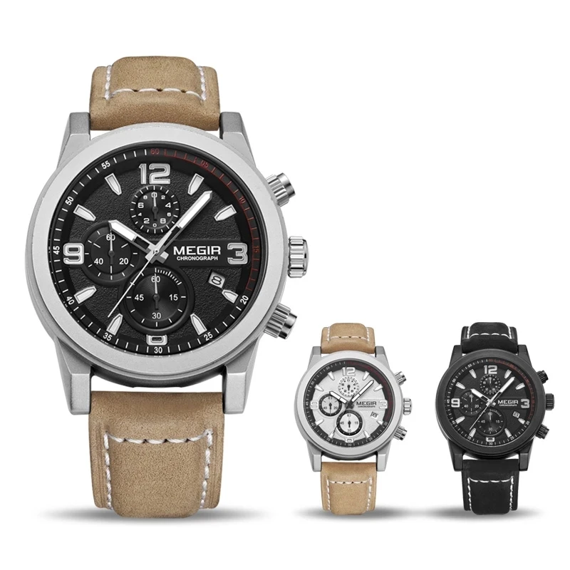 MEGIR новые спортивные мужские часы лучший бренд класса люкс кожаные