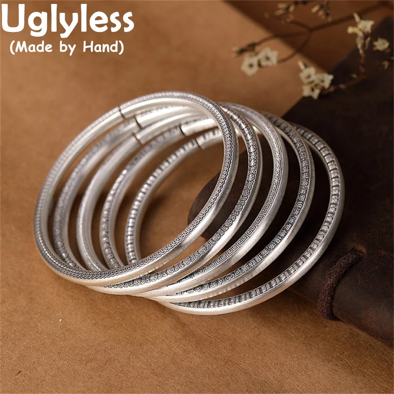

Uglyless Silver Classic Lettering Bangles for Women Solid 999 Full Silver Open Bangles Chinese FU Heart Sutra Buddhitic Jewelry