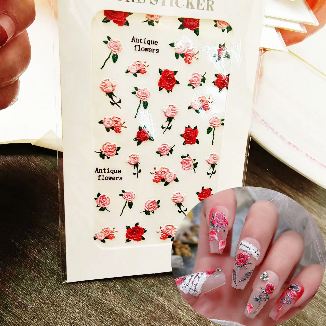 

5D Embossed Rose Flowers Nail Sticker Gothic Vintage Antique Flowers Decals Realistic Relief Romantic Dating Red/Pink Rose Charm