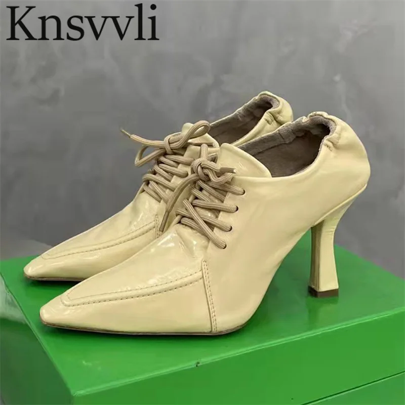 

Black White Nude Lace-up High Heels Women Genuine Leather Pointy Toe Stiletto Female Spring Fashion Runway Pumps Shoes Woman