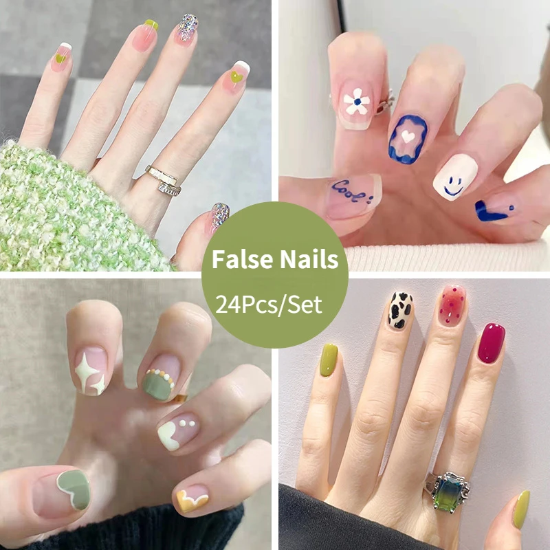 24Pcs  Small Fresh Manicure Full Coverage Short Round Nail Removable Reusable Fake Nails Coffin Cute Kawaii Press On Nails Art