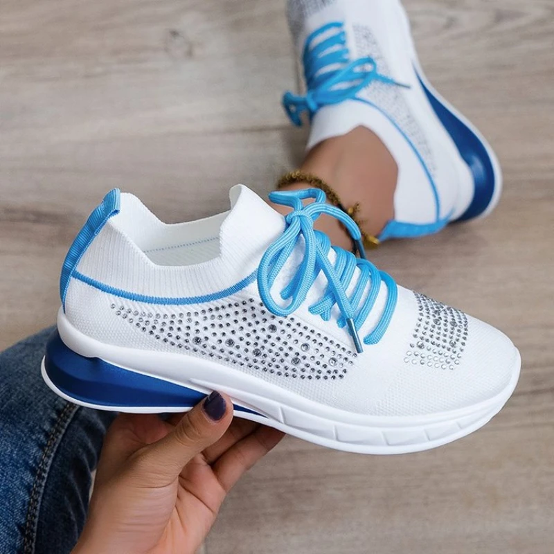 

Spring Fashion Women's Sneakers Shoes Mesh Breathable Thick Sole Vulcanized Shiny Rhinestones Casual