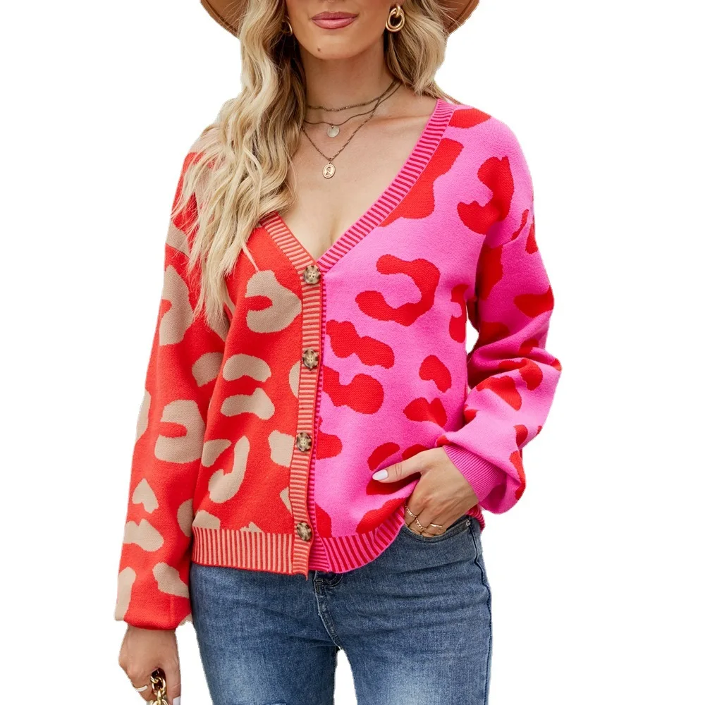 

DEARIRIS Leopard V-neck Pullovers Single Breasted Cardigan Sweater Mixed Color