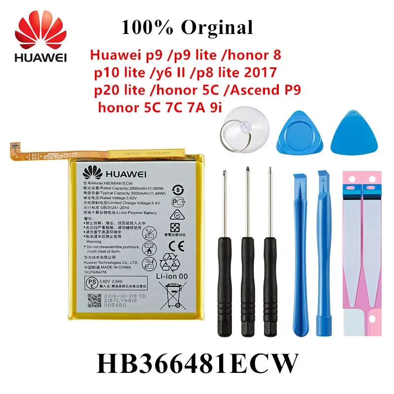 

100% Orginal HB366481ECW Phone Battery For Huawei p9 /p9 lite 8 p10 lite y6 II p8 lite 2017 p20 lite Ascend P9 +Tools