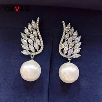 oevas 100 925 sterling silver 12mm pearl high carbon diamond feather drop earrings for women sparkling wedding fine jewelry