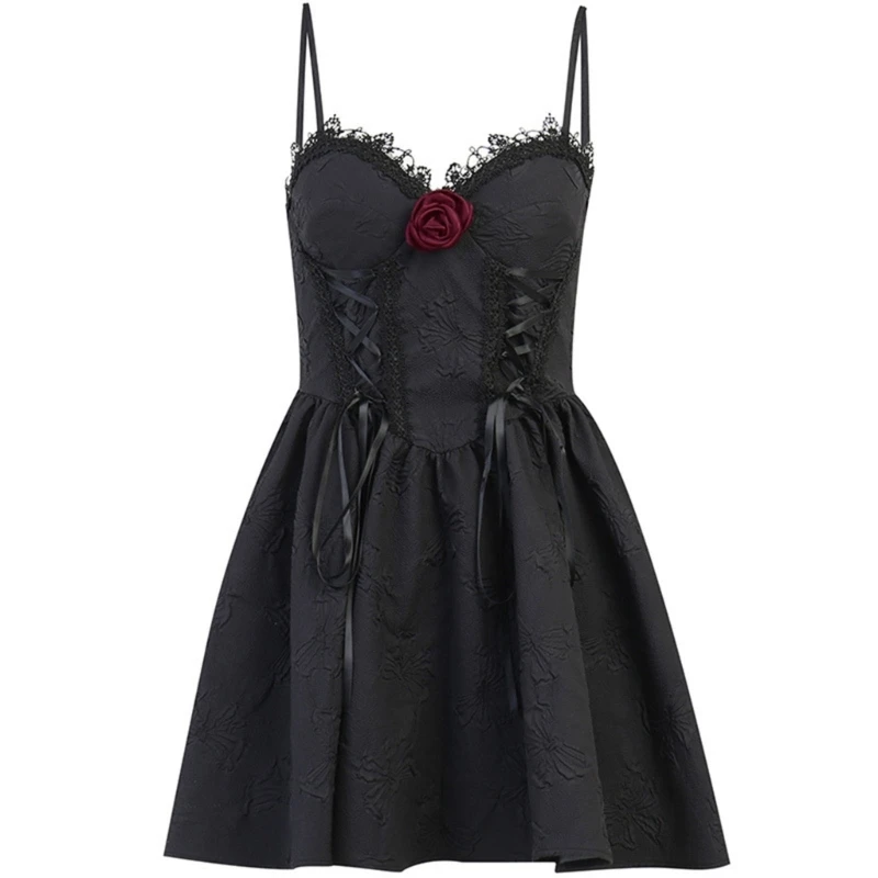 

Womens Sleeveless Pleated A-Line Mini Cami Dress Spaghetti Strap V-Neck Backless Lace Trim Jacquard Gothic Punk Dresses