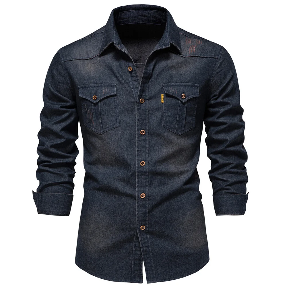 

Рубашка мужская джинсовая из ткани Оксфорд, классическая сорочка с длинными рукавами, нагрудным карманом, воротником на пуговицах, рабочая одежда в европейском и американском стиле