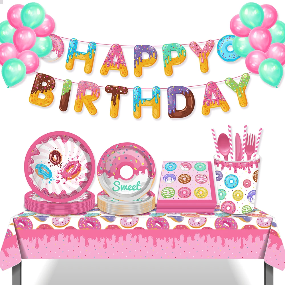 

Girls Pink Sweet Donuts Birthday Disposable Tableware Sets Baby Shower Party Plates Banner Backdrops Wedding Party Supplies