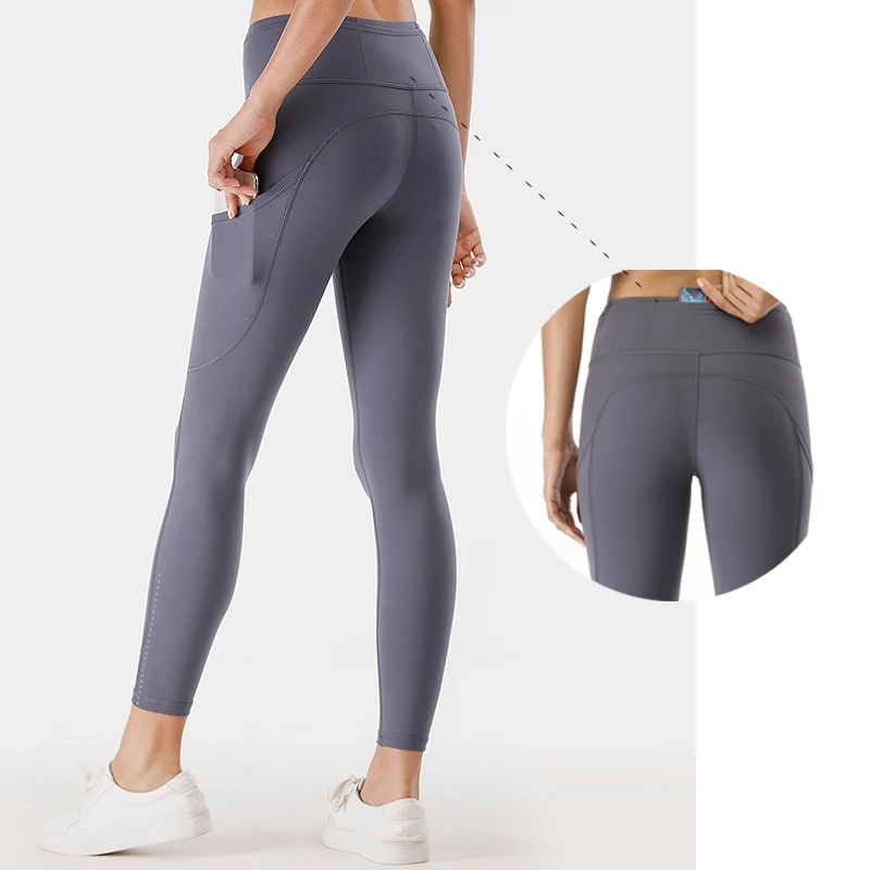 NWT Multi Pocket Ladies Yoga Pants Nude High Waist Tight Running Sports Pants Quick Dry Breathable Fitness Pants