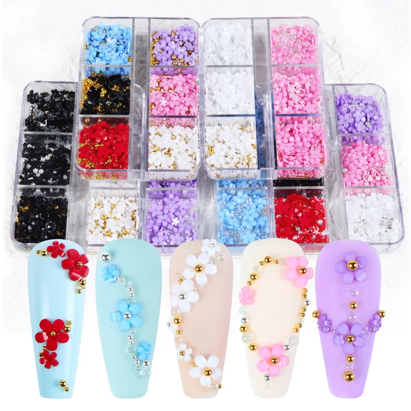 

Mix White Gold Pearl Multi-szies Five-Petal Pink Flowers Arylic Nail Art Rhinestone Decorations Manicure DIY Tips 6 Grids/Box