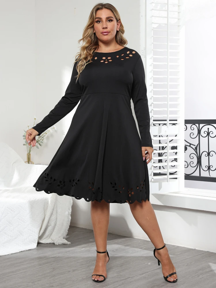 L-4XL Plus Size Black Chic and Elegant Woman Dress Autumn Long Sleeve Corset Big Swing Hollow Out Midi Dresses for Women Party