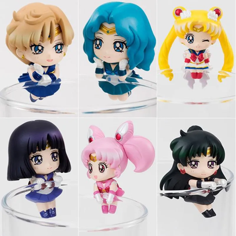 6pcs/set NEW Cosplay Anime Sailor Moon Cup edge Tea Cup Decorations Cute Action Figure Model Doll Toys Tsukino Usagi Chibi Usa