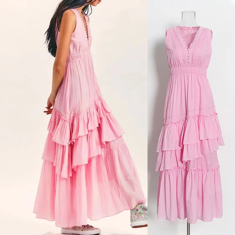 Women's Summer Dress 2023 New Pink V-Neck Straw Braid Suspender Lace Layer Upon Layer Peplum Temperament Dress Free Shipping