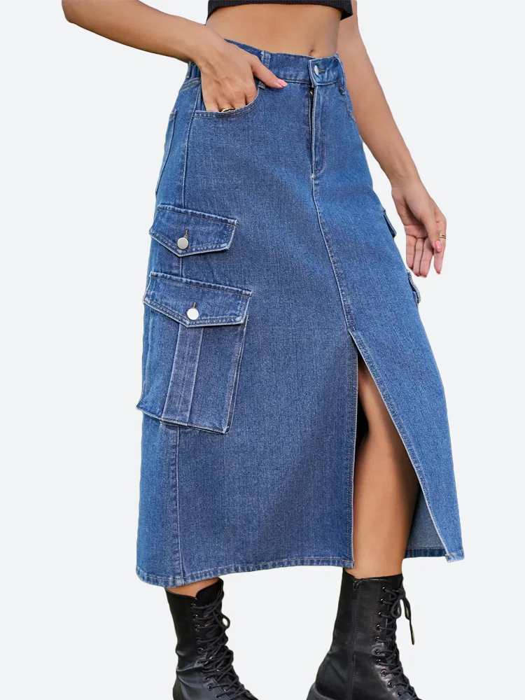 

Benuynffy Casual Y2k Streetwear Split Long Denim Skirt Women High Waisted Straight A-Line Cargo Jean Skirts with Pockets