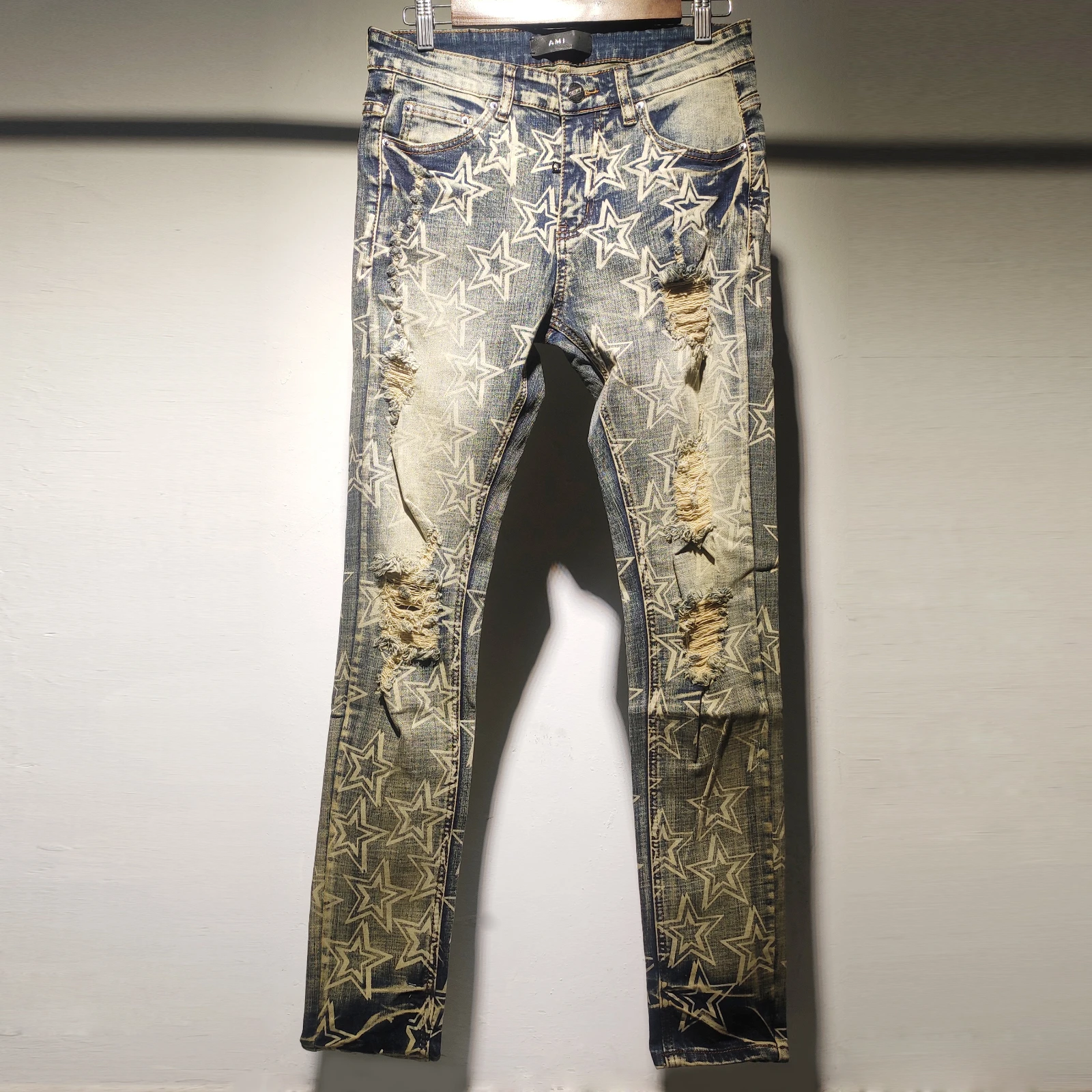 

Vintage Style Men Blue Hole Stacked Star Stitching Graphic Jeans High Street Fashion Motorcycle Pant Ripped Tights Jean Men