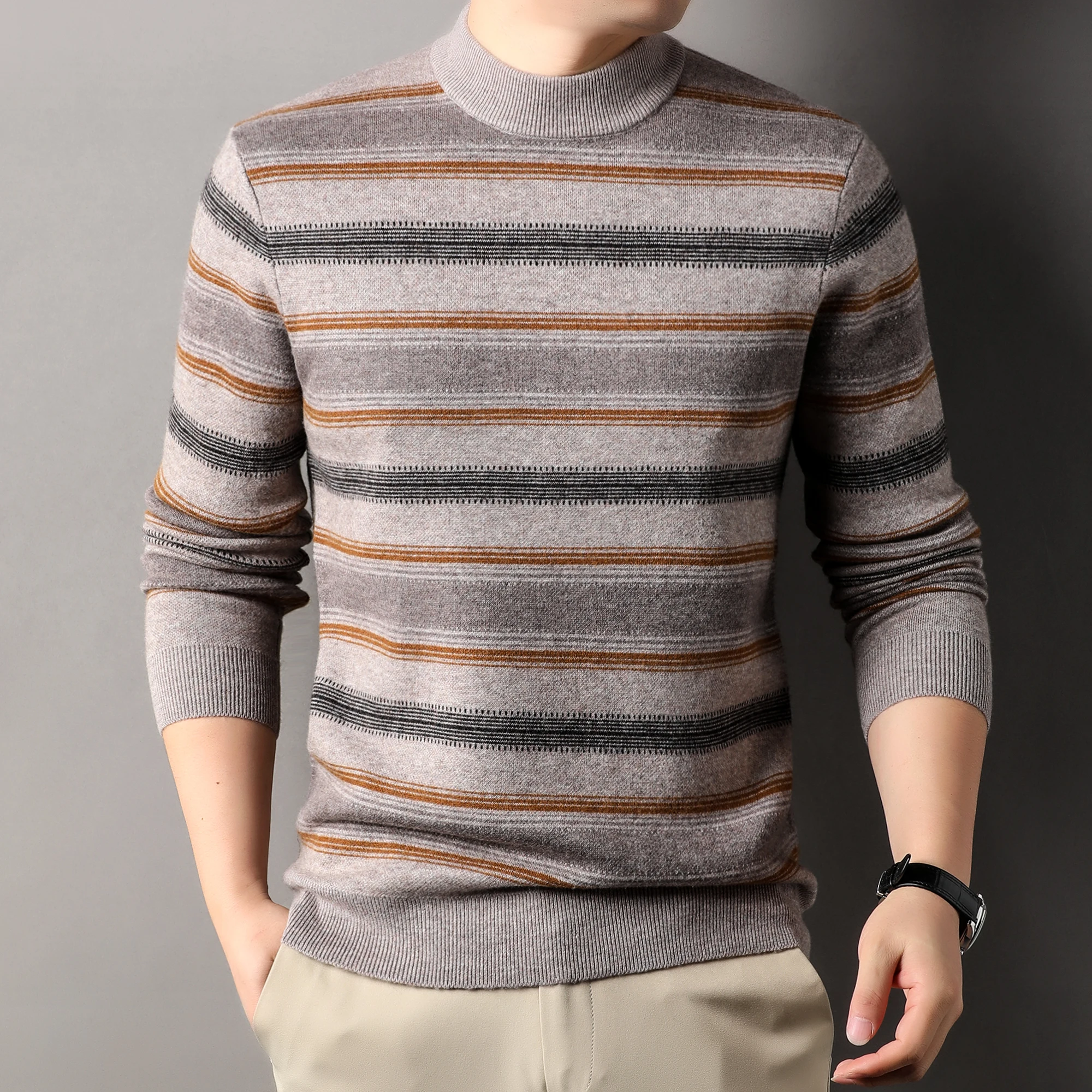 Теплая одежда из 100% овечьей шерсти мужской толстый свитер в широкую полоску