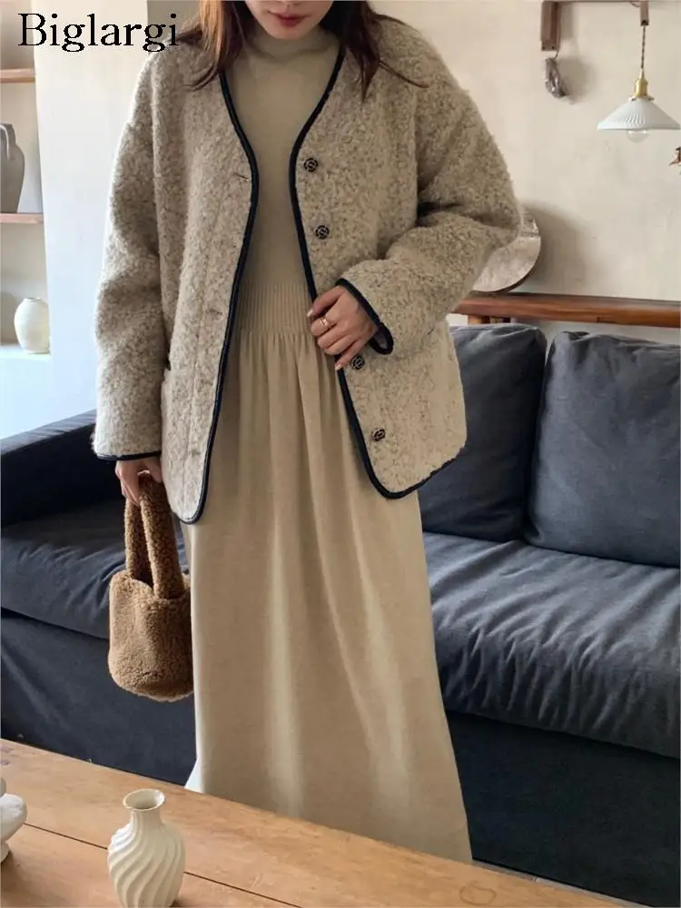 

Autumn Winter Tweed Jackets Coat Women Korean Loose Fashion V-Neck Ladies Jackets Long Sleeve Casual Woman Jackets Coats 2023
