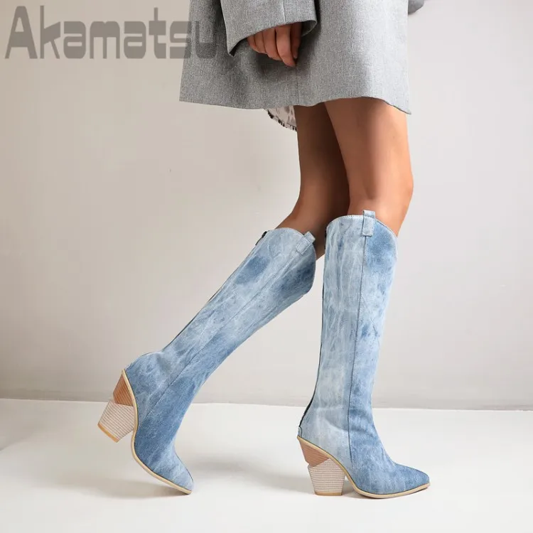 Fashion Women's Western Boots Sexy Pointed Toe Back Zipper Block Heel Serpentine Denim Blue Knee High Party Shoes Size 34-48