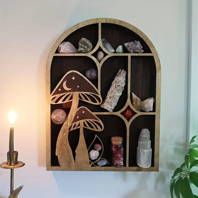 

Деревянная Стеллаж с кристаллами, 1 шт., Стеллаж с кристаллами в форме Луны и грибов, Стеллаж с кристаллами, Стеллаж с плавающей полкой для настенного монтажа