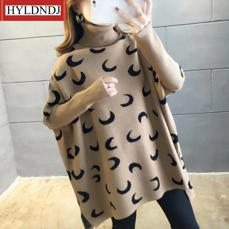

High Collar Loose Large Size Side Slit Mid-Length Pullover Jumpers Women Spring Moon Pattern Colorblock Sweater Femal Bat Sleeve