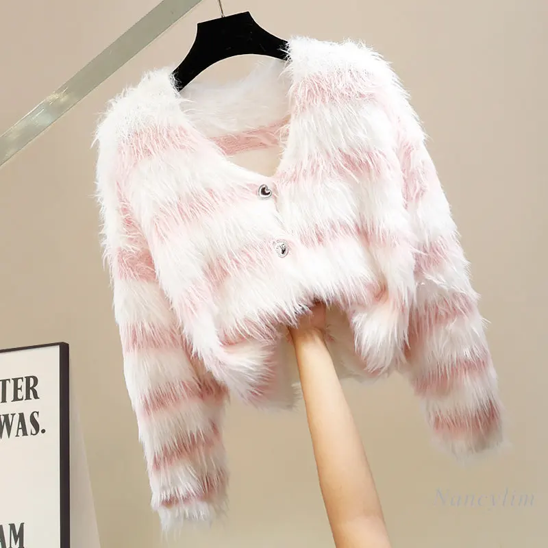 

Женский однобортный Кардиган в полоску, Свободный вязаный кардиган из меха норки с длинным рукавом, короткая кофта на осень и зиму, 2023