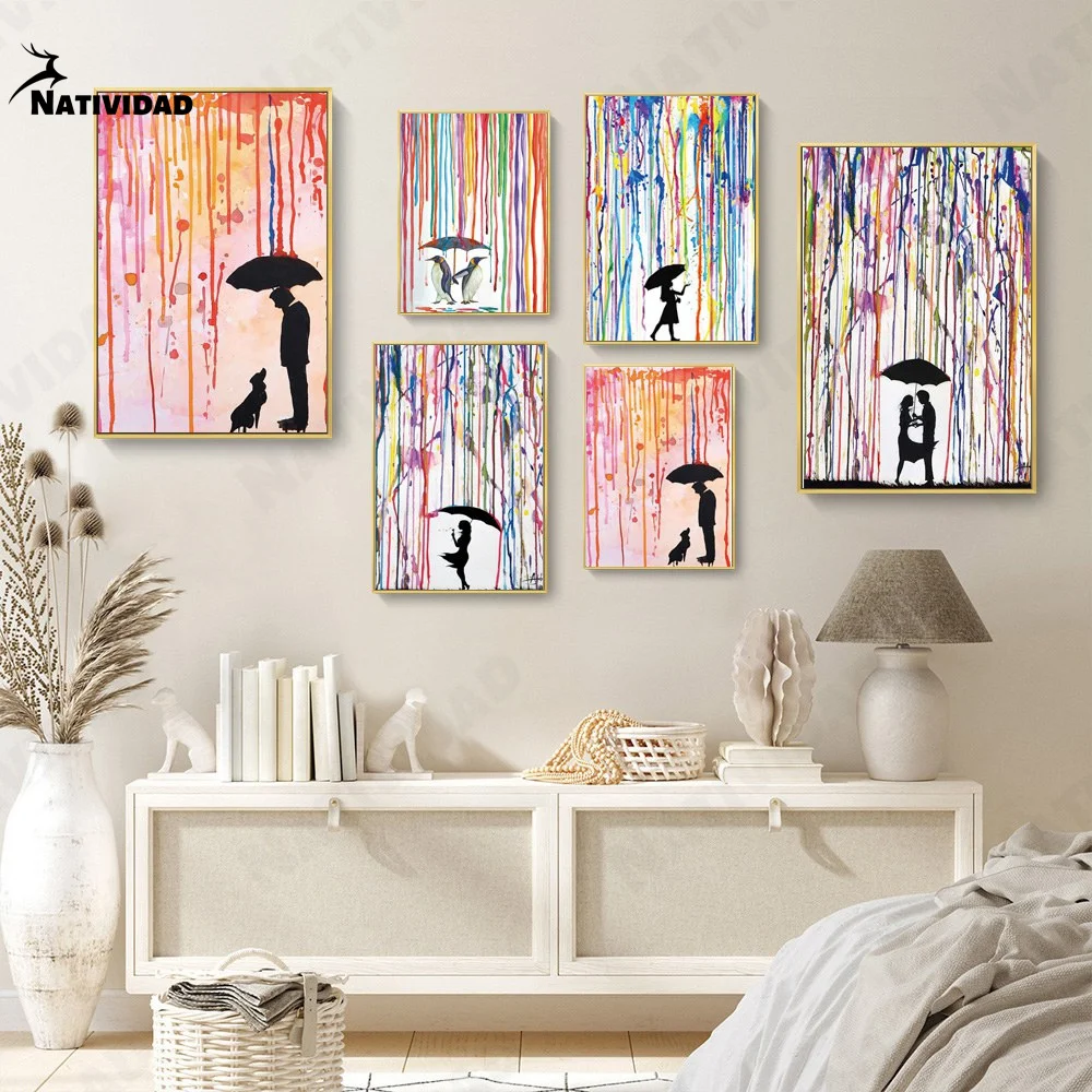 

Nordic Oil Painting Abstract Rainbow Lovers In The Rain Canvas Painting Banksy Poster Living Room Corridor Home Decoration
