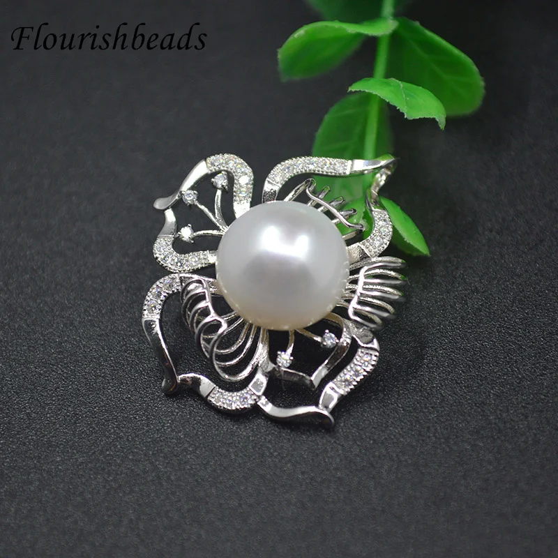 

14mm Natural Freshwater Pearls Paved CZ Beads Luxury 925 Silver Pendant Flower Shape for DIY Girl Necklace Jewelry Making