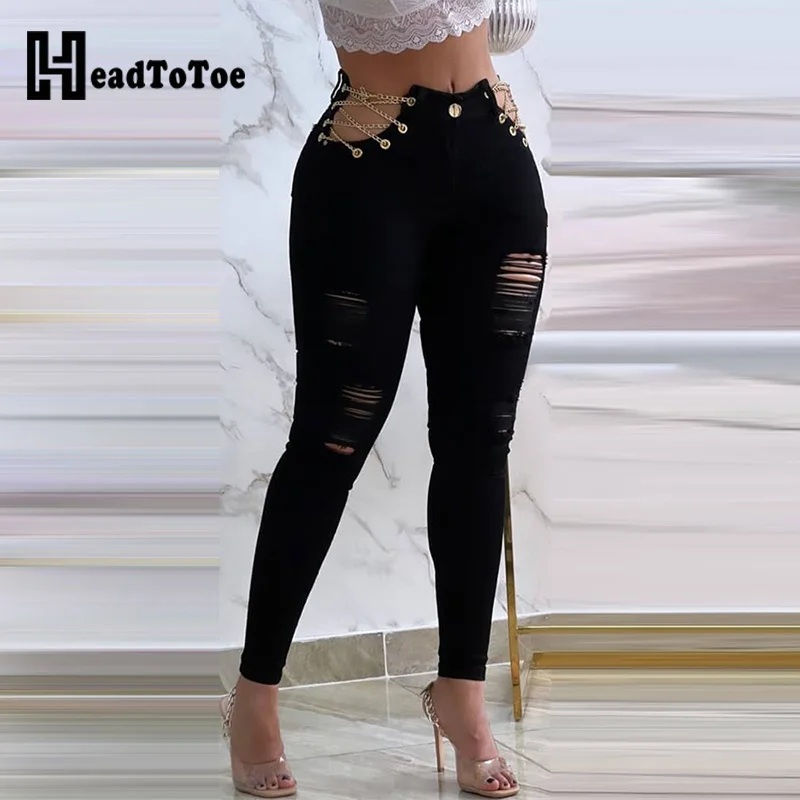 

Chain Eyelet Decor Sexy Cutout Ripped Skinny Pants