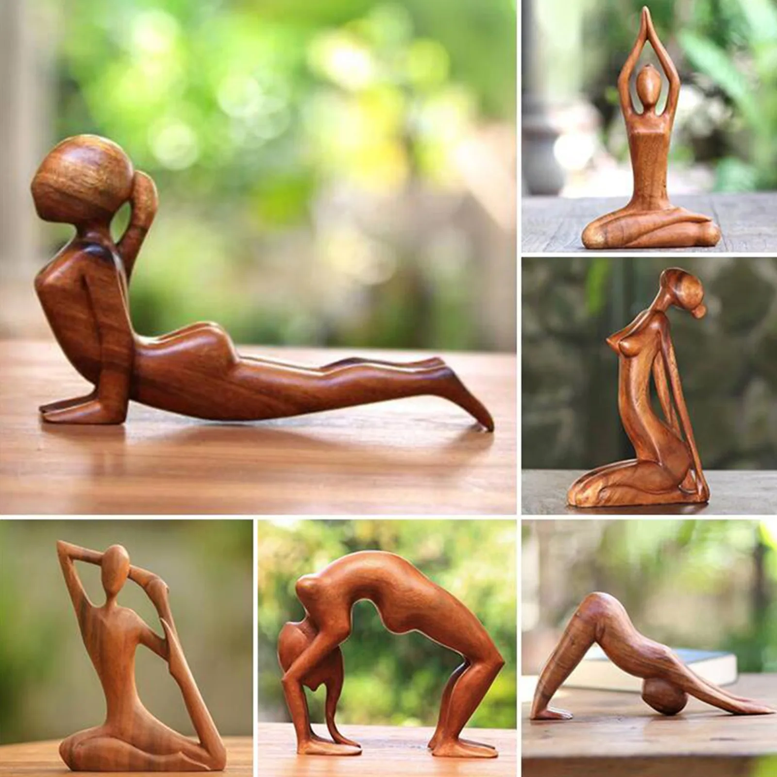 Yoga Body Wood Texture Statue Carving Yoga Gymnastics Lovers Resin Decoration Craft Sculpture Decorative Yoga Girl Home Decor