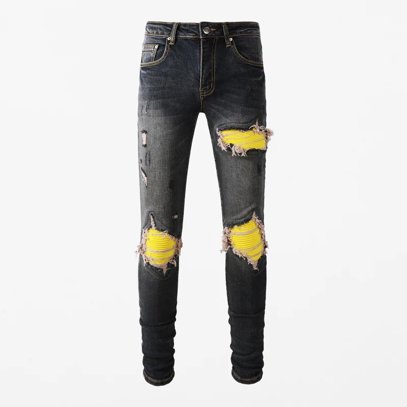 Street Fashion Men Jeans Retro Black Blue Elastic Stretch Skinny Ripped Jeans Men Yellow Patched Designer Hip Hop Brand Pants