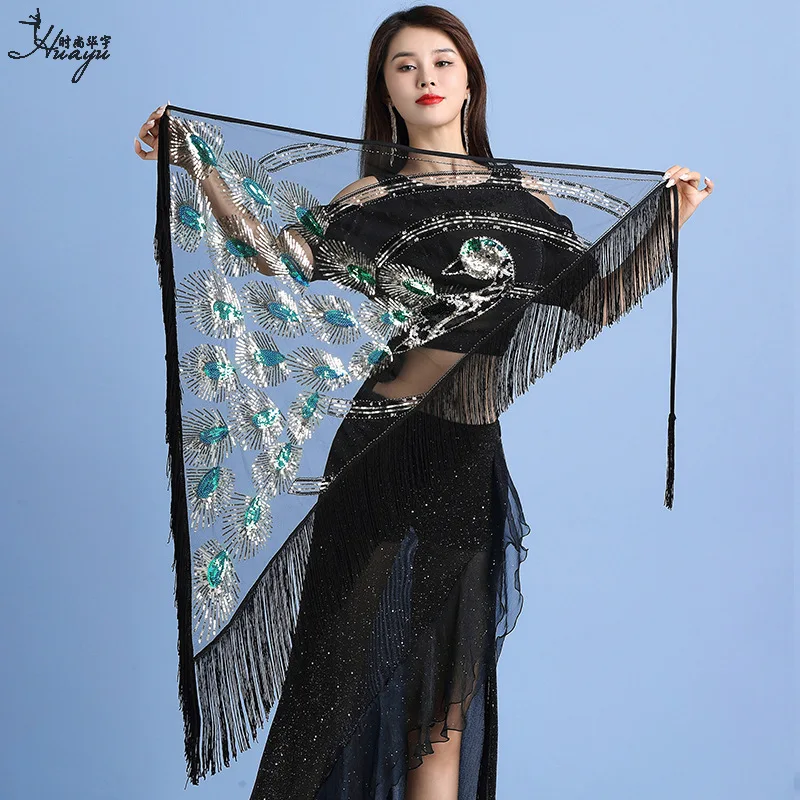 Платок для танца живота треугольной формы с кисточками и блестками