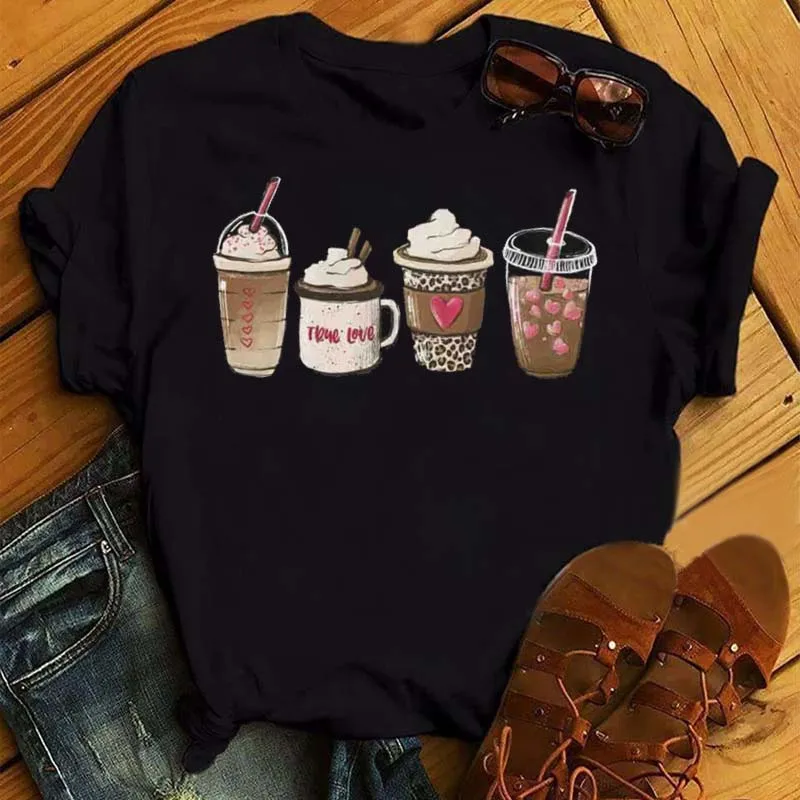 

Women's T-shirt Fashion Tops Harajuku Cute Valentine Coffee Heart Printed Tshirt Funny Short Sleeve T-Shirt Cartoon Tops Tees