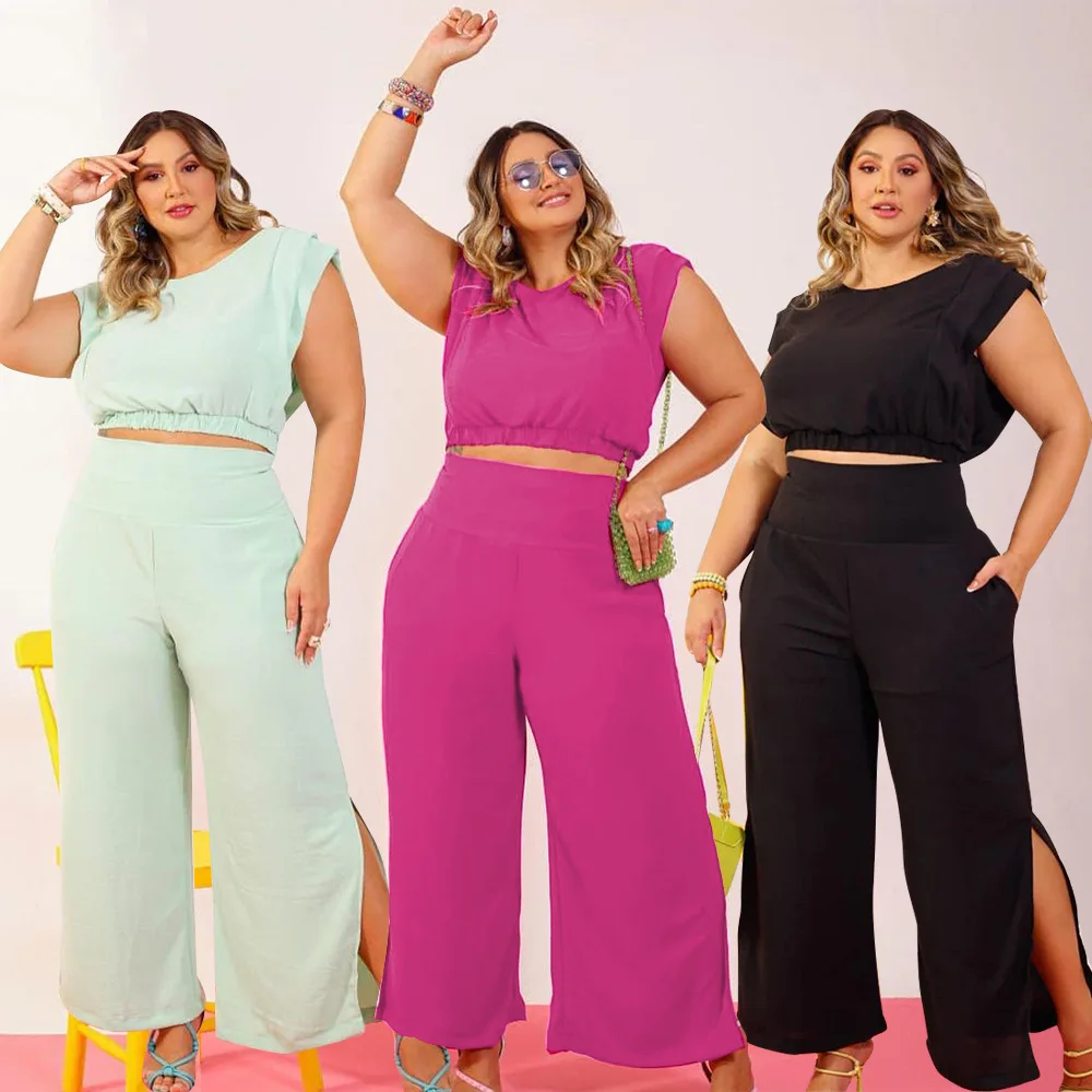

XL-5XL Summer Plus Size Women Clothing Two Piece Pants Sets Ankle Slit With Pocket