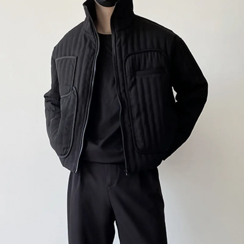 

Winter Dark Style Stand Collar Men's Short Cotton Padded Clothes 2023 New Male Simple Solid Color Unique Pocket Coat 9A6137