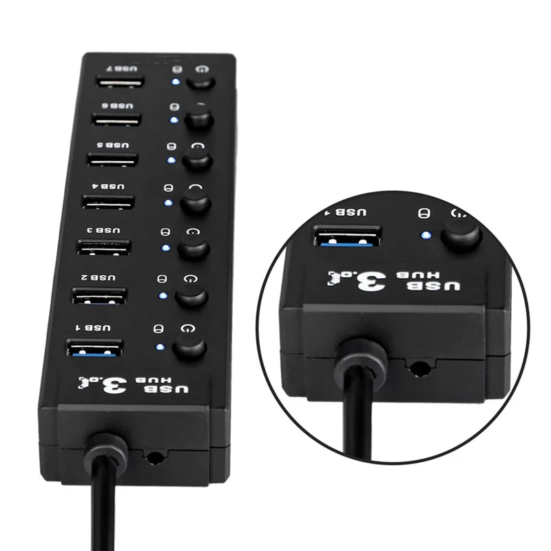 Фото USB-концентратор 3,0, USB-разветвитель, 7-портовый USB-разветвитель для ноутбука с индивидуальным переключателем ВКЛ/ВЫКЛ и ярким индикатором, ультратонкий для Mac Pro №2