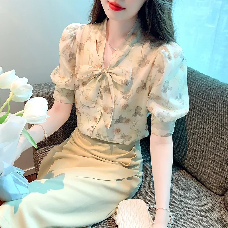 Летняя модная женская рубашка с коротким рукавом и воротником-бантом шифоновая