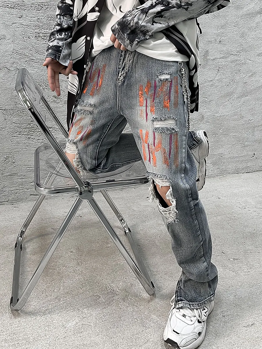 Four Seasons Men's Jeans High Street Tide Brand Ripped Jeans Men's Fashion Hip Hop Slim Small Feet Graffiti Pants Ins Hot Sale