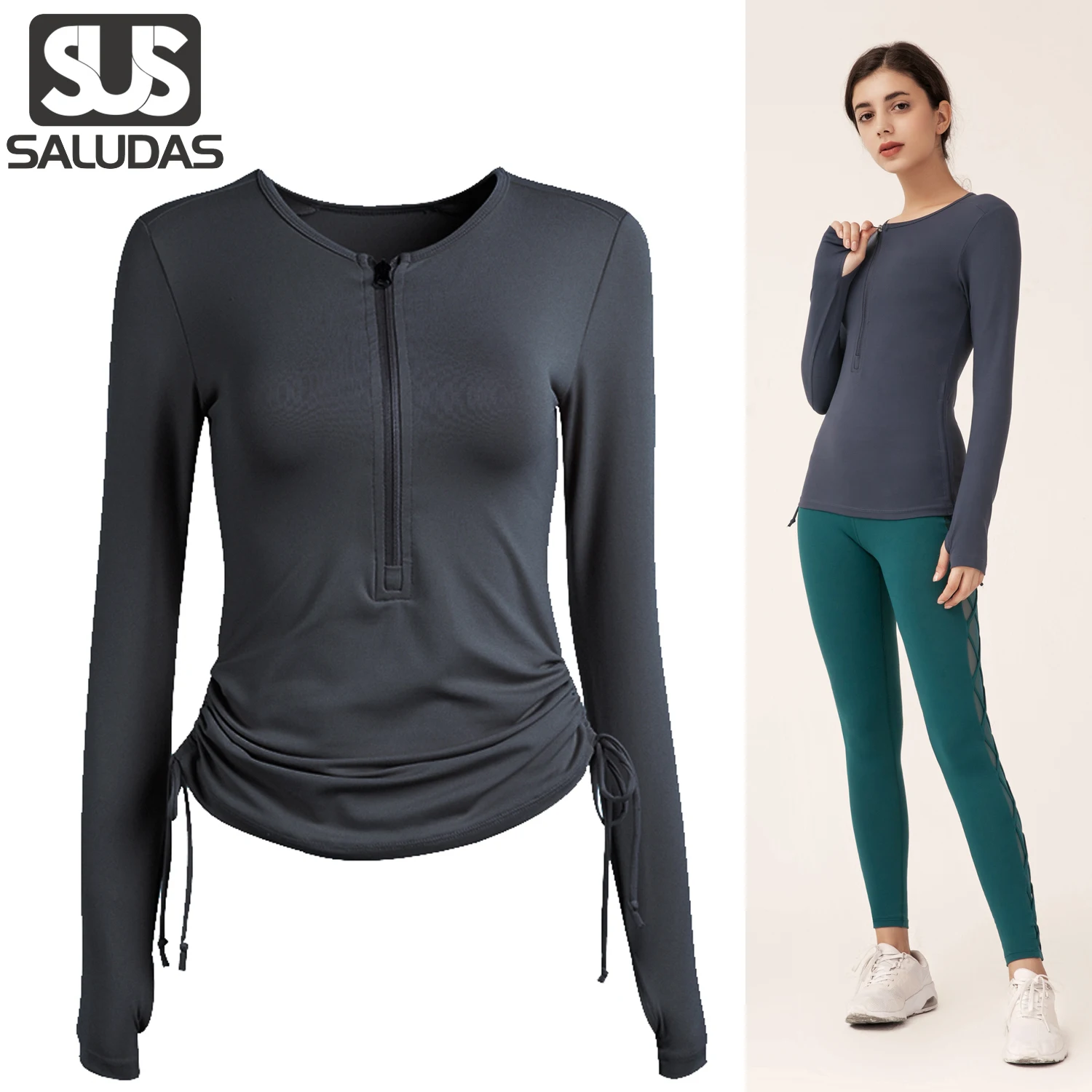 

SALUDAS Long Sleeve Yoga Workout Tops Lightweight Thumbhole Shirts Athletic Wear for Women Quick Dry Running Sports Fitness Wear