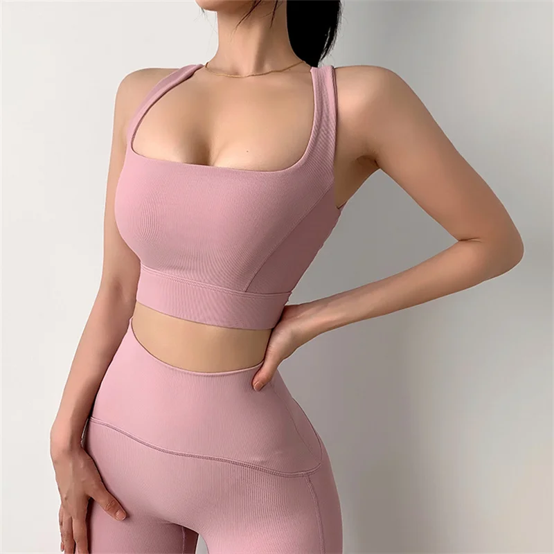 High Support Impact Padded Training Ribbed Yoga Bra Running Underwear Gym Push-up  Workout Tank Vest Top