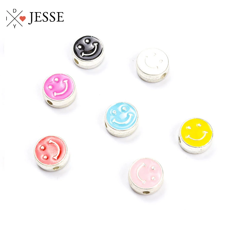 Купи 20pcs Cute Cartoon Smiley Face Enamel Spacer Beads Charms Multicolor Round Loose Bead Making Bracelet DIY Jewelry Findings Gifts за 100 рублей в магазине AliExpress