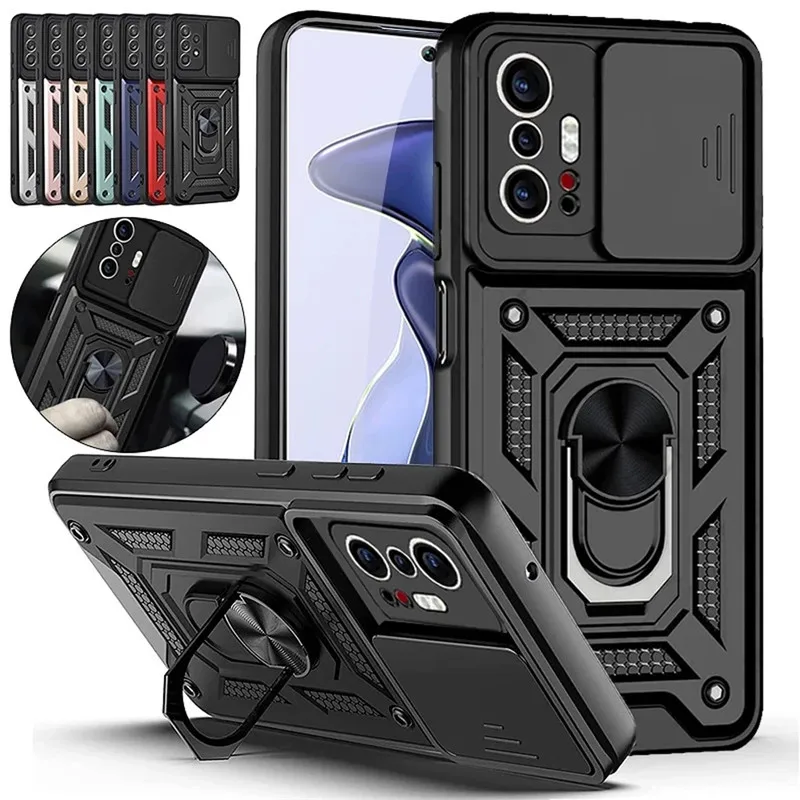

Slide Camera Protect Shockproof Armor Case For Xiaomi 11T POCO F3 X3 for Redmi Note 11 10 9 Pro 9A 9C Magnetic Holder Ring Cover