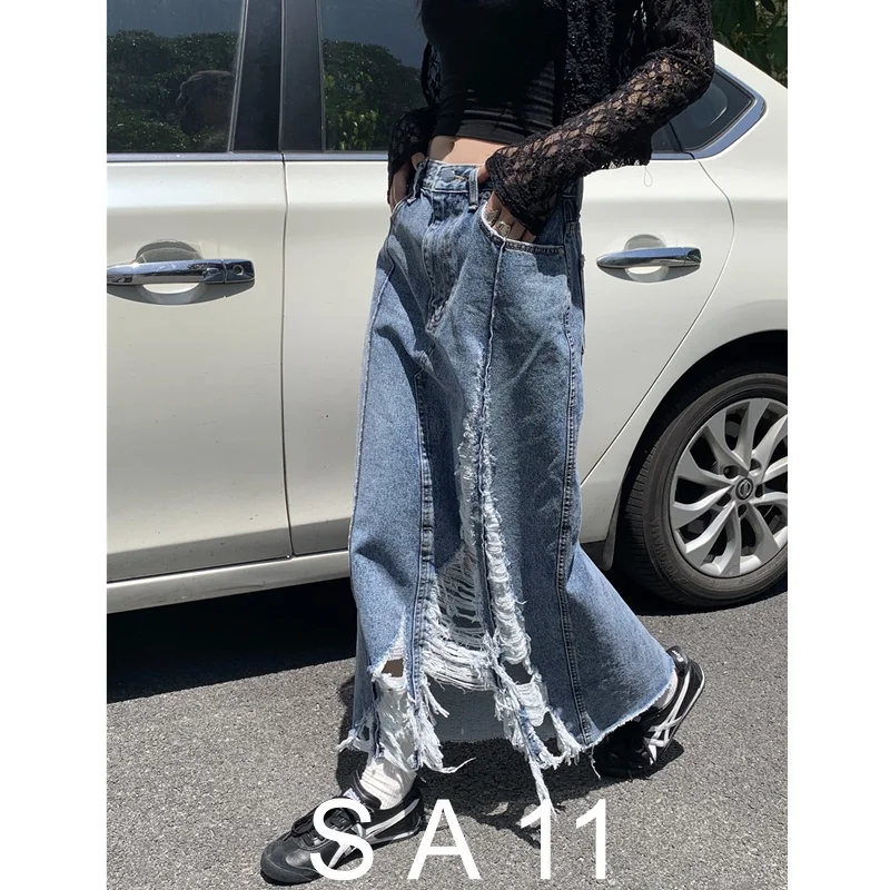 

Sleep at 11 Niche Designer Item Vintage Washed High Waist Ripped Casual Denim Skirt with Raw Edge