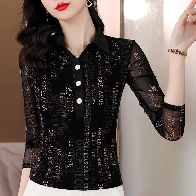 

Spring and Autumn Women's Pullover Polo Neck Button Letter Shirt Underlay Gauze Long Sleeve Fashion Casual Elegant Commuter Tops