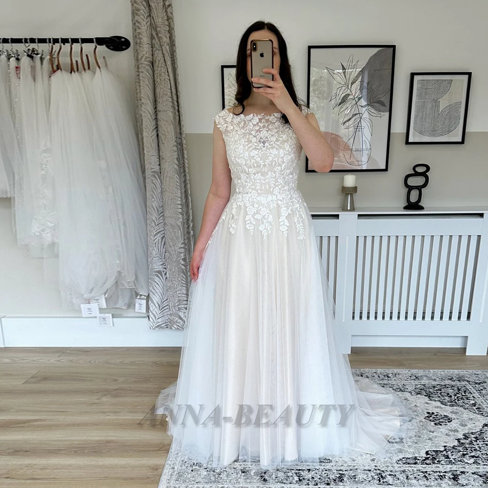 

Anna Bohe O Neck Wedding Dresses for Bride Tulle A Line Cap Sleeves Illusion Button Sweep Train Vestidos De Novia Personalised