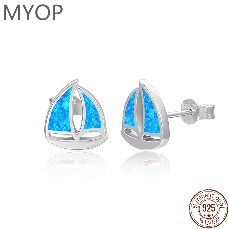 

MYOP 925 Sterling Silver Fashion Ear Stud Jewelry Cute Little Sailing Boat Opal Earrings for Women Fine Jewelry Gift Party
