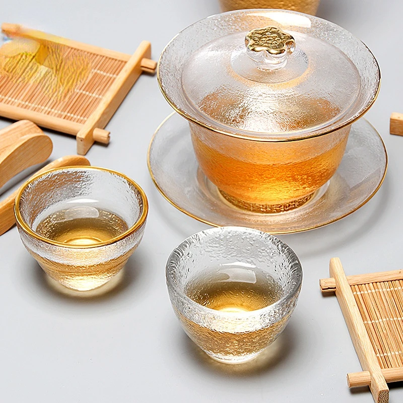 

Glass Cover Bowl Gaiwan Tureen Coffeeware Teaware China Frosted Heat-resistant Kungfu Tea Set Gold Painted Puer Cup Mug Chawan