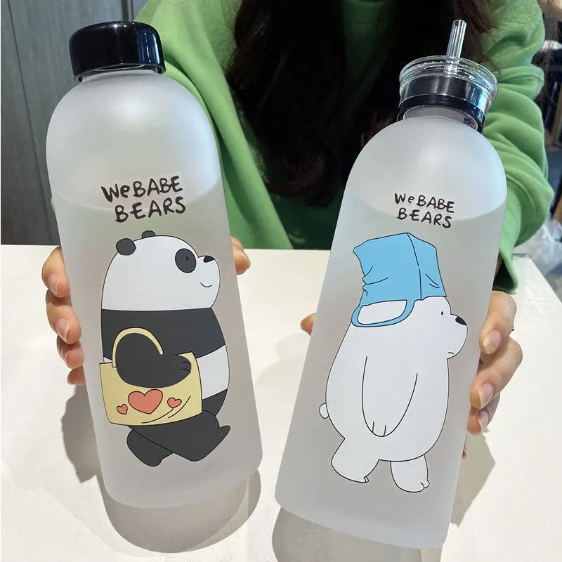 

1000ml Water Bottles Cute Panda Bear Cup With Straw Cartoon Transparent Water Bottle Drinkware Frosted Cup Leak-proof