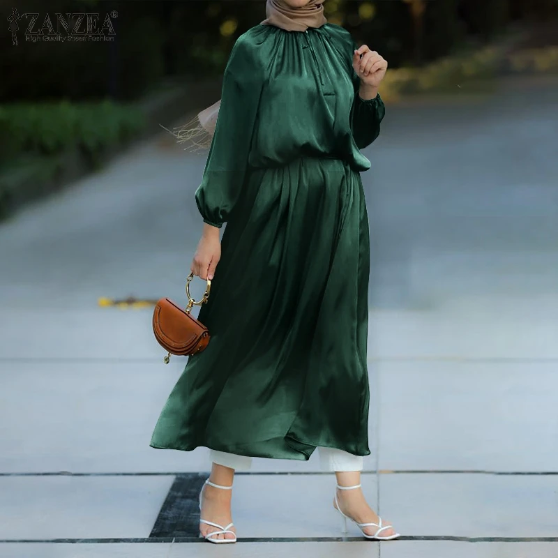 Элегантные мусульманские атласные платья ZANZEA, весенний женский Однотонный сарафан с длинным рукавом, Женская юбка, хиджаб с кулиской, офисн...