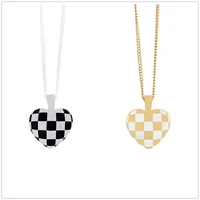 womens 925 sterling silver necklace heart checkerboard black enamel clavicle chain fashion jewelry couples holiday love gift